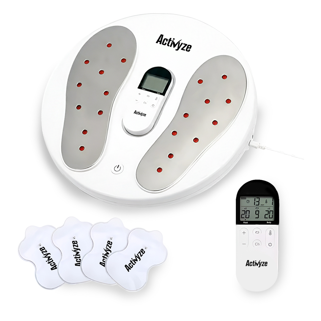 Activyze Smart EMS Heating Foot Massager with 20 Adjustable Intensities, 9 Stimulation Modes, Reduce Swelling, Relieve Pain & Support Leg Recovery Includes Remote-Control Electrode Pads