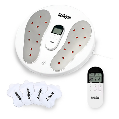 Activyze Smart EMS Heating Foot Massager with 20 Adjustable Intensities, 9 Stimulation Modes, Reduce Swelling, Relieve Pain & Support Leg Recovery Includes Remote-Control Electrode Pads