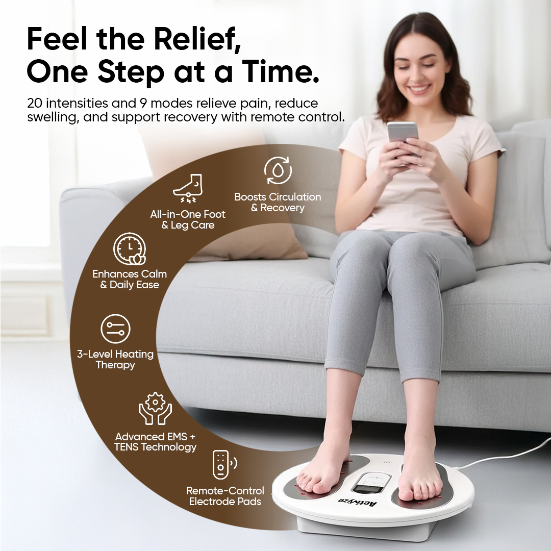 Activyze Smart EMS Heating Foot Massager with 20 Adjustable Intensities, 9 Stimulation Modes, Reduce Swelling, Relieve Pain & Support Leg Recovery Includes Remote-Control Electrode Pads