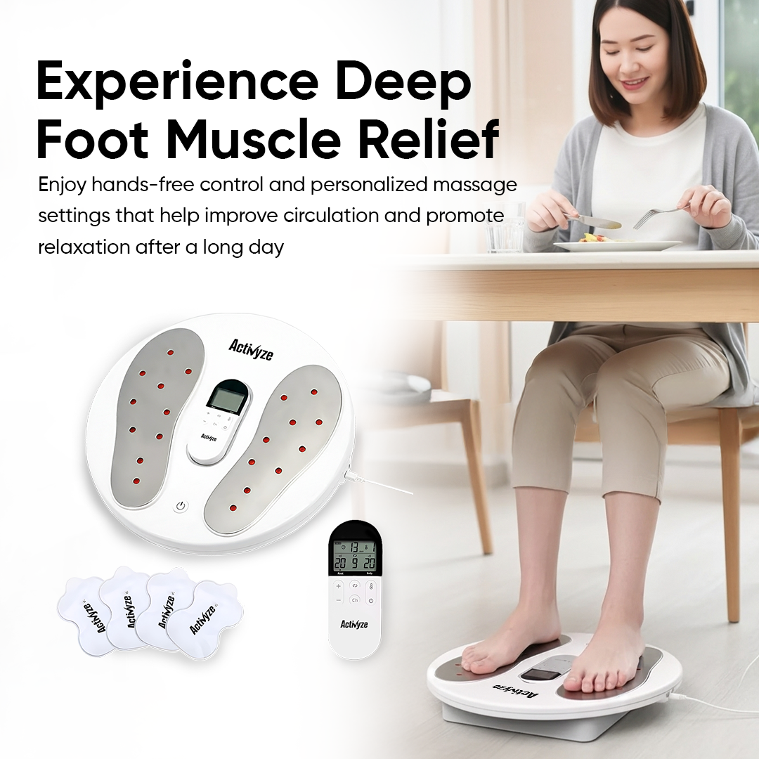 Activyze Smart EMS Heating Foot Massager with 20 Adjustable Intensities, 9 Stimulation Modes, Reduce Swelling, Relieve Pain & Support Leg Recovery Includes Remote-Control Electrode Pads