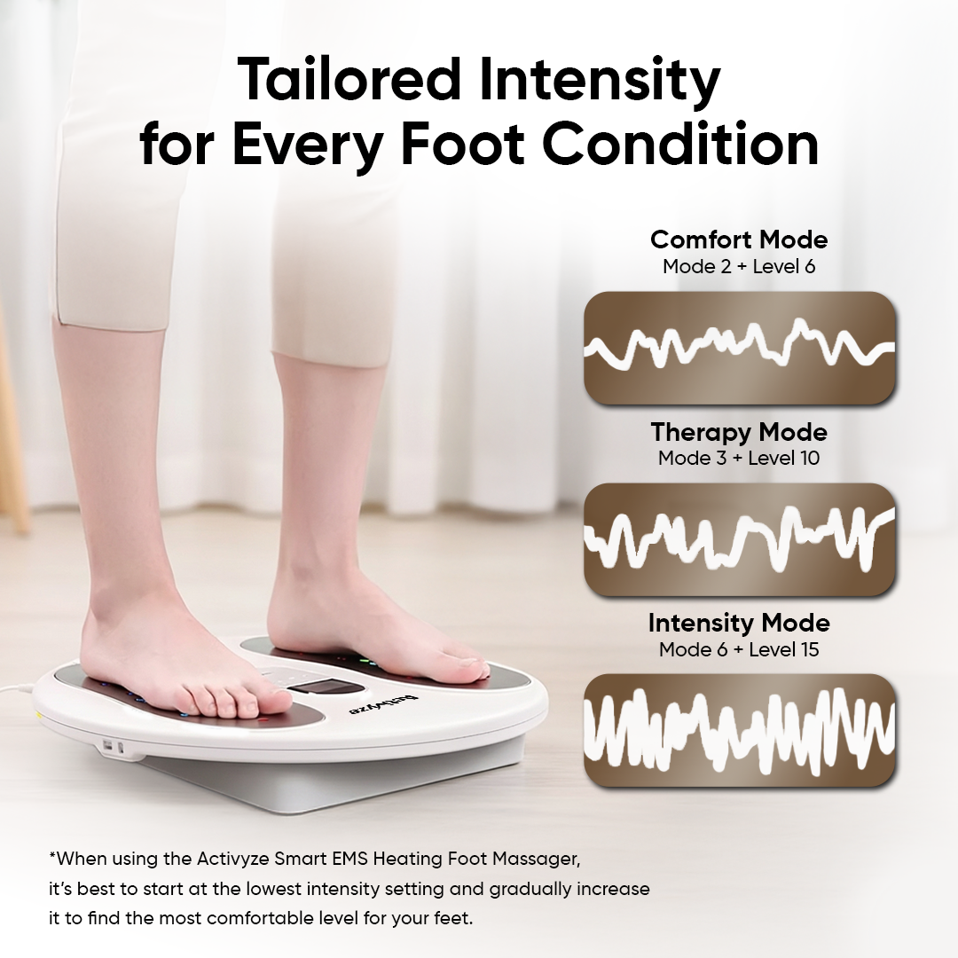 Activyze Smart EMS Heating Foot Massager with 20 Adjustable Intensities, 9 Stimulation Modes, Reduce Swelling, Relieve Pain & Support Leg Recovery Includes Remote-Control Electrode Pads