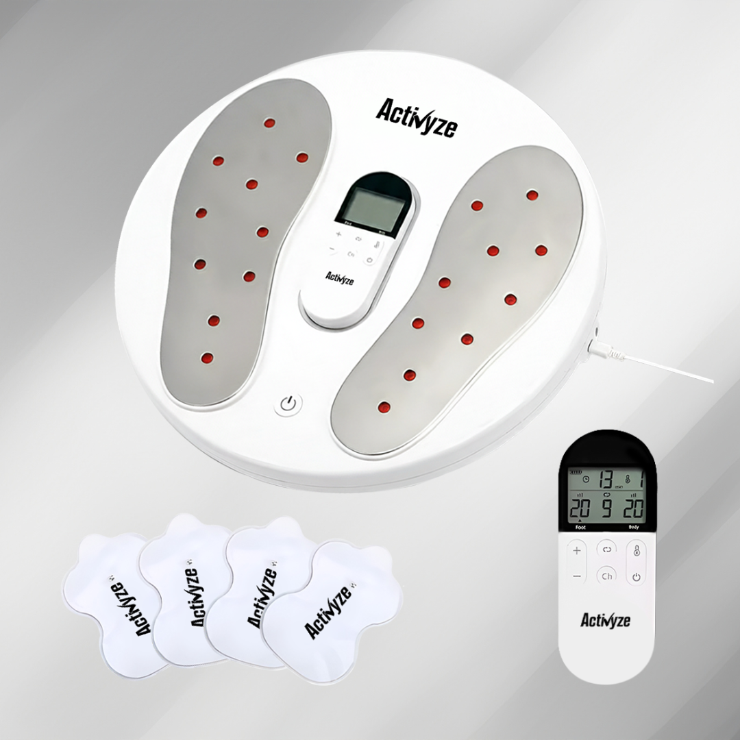 Activyze Smart EMS Heating Foot Massager with 20 Adjustable Intensities, 9 Stimulation Modes, Reduce Swelling, Relieve Pain & Support Leg Recovery Includes Remote-Control Electrode Pads